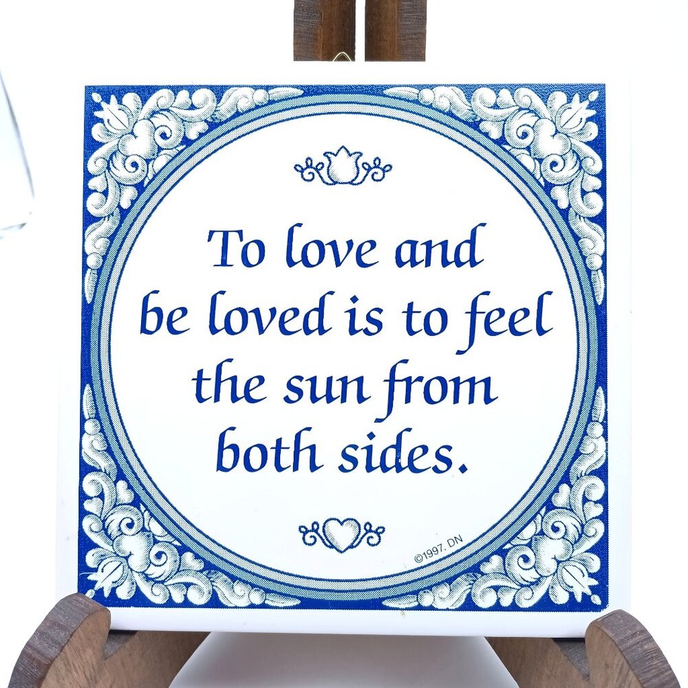 Vintage Love and Be Loved Ceramic Tile for Wall or Trivet, 6in Blue and White